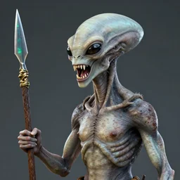 a sentient alien. angular jaw, mouth opened in a snarl, omniverous teeth, throat is covered in spiny hairs, smooth bioluminescent skin is splattered by brown freckles, middle aged, hunter gatherer holding a opal tipped spear, portrait photograph