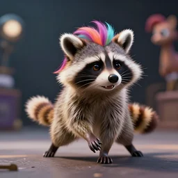 wide angle full body action shot of a chimera my little pony racoon professional, high quality, multi colored mane, 4 k, dof, bokeh, action, dramatic lighting, photorealistic, digital art, detailed, hq, photorealism