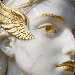 white marble with gold accents, an eye with wings and fangs by ellen jewett