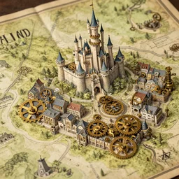 close up of clockwork steampunk town map of fantasy land with a castle and buildings