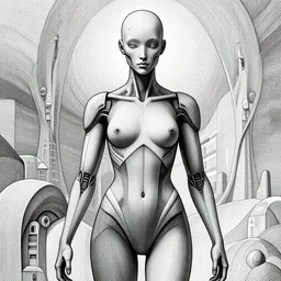 Geometrically surreal Artificially Intelligent humanoid, extremely high detail, photorealistic, intricate line drawings, dotart, album art in the style of James Jean