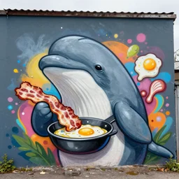 epic graffiti art of a narwhal cooking bacon and eggs