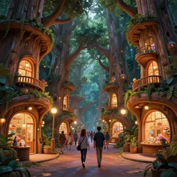 two people walk down crowded street between futuristic giant wooden tree trunk buildings, organic wooded shops, solarpunk, organic bioluminescent street lights, dark forest canopy understory, cinematic lighting, vibrant color, octane render, 3 d pixar disney digital cgi rtx hdr painting, highly detailed, artstation cgsociety masterpiece, by syd mead, greg rutkowski, wlop, artger