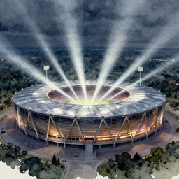 stadium, pinterest, artstation trending, behance, watercolor, by coby whitmore, silver, laser light,