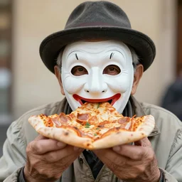 close - up portrait of a wrinkled old man wearing a pulcinella mask holding up a pizza!! to behold, clear eyes looking into camera, baggy clothing and hat, masterpiece photo by rehahn