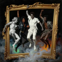 a baroque neoclassicist close - up painting of black and white people jumping out of picture frames. reflective detailed textures. glowing colorful fog, black background. highly detailed fantasy science fiction painting by moebius, norman rockwell, frank frazetta, and syd mead. rich colors, high contrast. artstation
