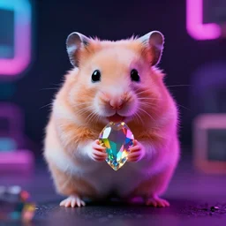 cyberpunk hamster holding rainbow gem crystal, neon lights, light reflection, 8 k, hd