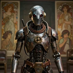 a expressive portrait of masked diesel punk robot in dramatic lighting, depth of field background, artstation, award - winning realistic sci - fi concept art by jim burns and greg rutkowski, beksinski, a realism masterpiece, expressive color palette, james gilleard, bruegel, alphonse mucha, and yoshitaka amano
