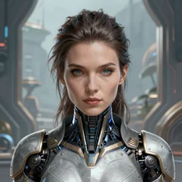 closeup portrait shot of a female biomechanic woman in a scenic scifi environment, intricate, elegant, highly detailed, centered, digital painting, artstation, concept art, smooth, sharp focus, warframe, illustration, anders zorn, tomasz alen kopera, peter mohrbacher, donato giancola, leyendecker, boris vallejo
