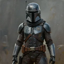 a portrait painting of a humanoid interglactic bounty hunter, sci - fi, hyper realistic, painting, full of details, uncommon, movie scene, dramatic, in the style of greg rutkowski,