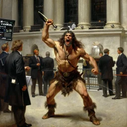 a fierce barbarian yelling at stock brokers on wall street, painting by gaston bussiere, craig mullins, j. c. leyendecker