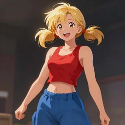 anime-style digital art, a short athletic blonde girl, ponytails, happy and spirited expression, medium shot, red tank top and loose blue pants
