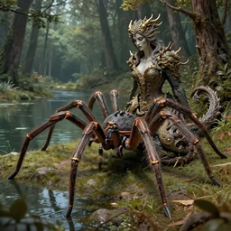a giant spider crawling through a forest next to a lake, by michael komarck and john howe, lovecraftian, finely detailed, small details, extra detail, a woman with a dragon like body, insane details, intricate, elite, ornate, elegant, luxury, dramatic lighting, octane render, weta digital, micro details, 3 d sculpture