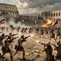 American soldiers shooting at Roman gladiators during big battle in ancient Rome, hyperdetailed, artstation, cgsociety, by greg rutkowski, by Gustave Dore