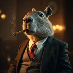 an accurate capybara wearing a suit smoking a cigar, dramatic lighting, cinematic