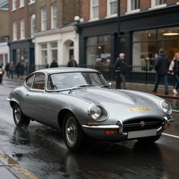 street photography by saul leiter in a wet london high quality street, award winning photo of an ultra detailed dirty high quality!! jaguar e - type!! car speeding very fast on water, fast shutter speed, motion blur, tiny gaussian blur, highly detailed, highly intricate, depth of field, trending on top gear