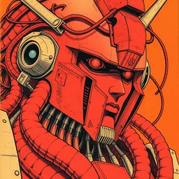 risograph grainy drawing vintage sci - fi, satoshi kon color palette, gigantic gundam full - body covered with human bodies and wires, with lot tentacles, vermilion color, codex seraphinianus painting by moebius and satoshi kon and dirk dzimirsky close - up portrait