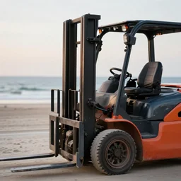 forklift on the beach, cinema style, sharp forcus, depth of field, 4 k, photo lense