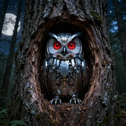 mechanical owl inside a hole in a tree, red eyes glowing, night sky with full of stars, in the middle of forest, realistic style, futuristic, photorealistic, cinematic lighting, high key lighting, high contrast, 8 k, golden ratio, uhd, hd, shallow focus, lens 7 5 mm