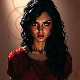 artgerm, joshua middleton comic cover art, pretty alyson hannigan, evil dead demon, evil dead movie, red dress, symmetrical eyes, symmetrical face, long curly black hair, cinematic lighting, evil dead creature, scary, blood