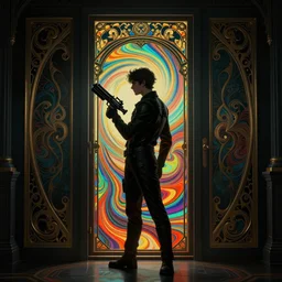 man stands with a blaster at the door, details, dark room, side profile centered, by artgerm, cushart krenz, greg rutkowski, james jean. art nouveau. gloomhaven, swirly vibrant ripples, gaudy colors, sharp edges. ultra clear detailed. 8 k. elegant, intricate, octane render