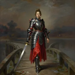 woman in dark and red princess dragon armor, she is holding a katana sword, walking on an ancient flooded bridge. by william henry hunt
