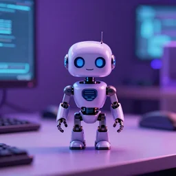 portrait of a tiny robot on a desk, professional photo, hdr, bokeh, sci fi, purple