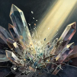 editorial illustration by karolis strautniekas and mads berg, shattered disintegrating layered crystals, colorful, fine texture, detailed, muted colors, film noir, dramatic lighting, dynamic composition, vivid, matte print, wide angle, ( ( sunbeams ) ), moody, extreme perspective