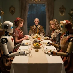 a table dinner of robots where robots are dressed like the characters from the midsommar movie, cinematic, hyperdetailed, ultrarealistic