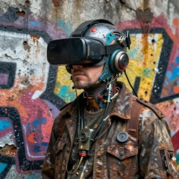 junky men tagging graffiti on wall, cybertronic gadgets and vr helmet, durty colours, micro technology, rotten textures, rusty shapes, biotechnology, tim hildebrandt, wayne barlow, bruce pennington, donato giancola, larry elmore, oil on canvas, close - up, masterpiece, trending on artstation, featured on pixiv, cinematic composition, hyper - detailed, hd, hdr, 4 k, 8 k