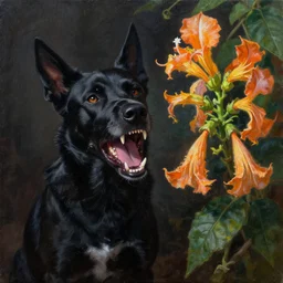 oil painting of a vicious black dog bearing its fangs next to brugmansia suaveolens flowers, dark background, scary