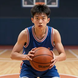 portrait of a boy playing basketball in a basketball court, intense emotion, intricate, elegant, highly detailed, centered, digital painting, artstation, concept art, smooth, sharp focus, illustration, WLOP