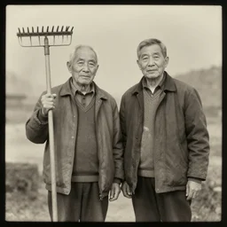 two elderly people posing for an old photograph, the man holds a rake, both wear jackets