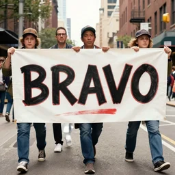 1 9 1 0 newsies carry a banner that says bravo
