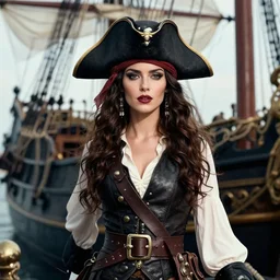 elegant pirate lady on her ship, elegant, high quality, striking, high contrast, very detailed, bright colours, dramatic lighting, by brom and frazetta and magali villeneuve and mucha