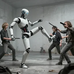 ai robot getting kick the shit out by humans artists with weapons, by simon stalenhag, rj palmer, renato finnstark