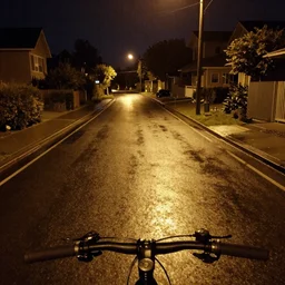 first person viewpoint, night time POV, cyclist looking towards the end of a steep rain soaked suburban hilly road, night scene, wet road, filigrees of gold on the tarmac amber light, 90s