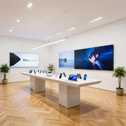 accurate pbr materiality ( minimalist neon flagship samsung store, white walls. beautiful oak parquet floor. hanging lights. geometric furniture, large digital screens. display tables with phones and tablets, potted plants ) concept art, john berkey, makoto shinkai, yoji shinkawa, artstation, 4 k
