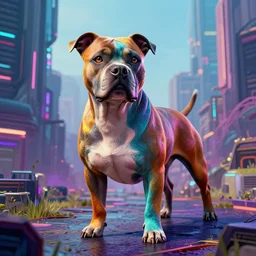 a landscape of a post cyberpunk pittbull multi colour. intricate, 8 k, high quality, unreal engine, by greg rutkowski.