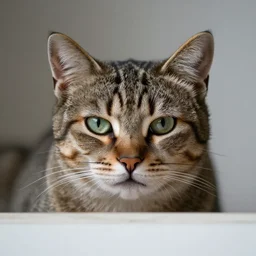 portrait of a dismayed cat peeking over an edge begrudgingly