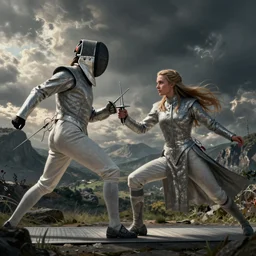 eowyn fencing with liam neeson, digital art by greg rutkowski, intricate, artstation
