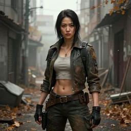 fallout 5, charismatic beautiful rugged japanese female protagonist, portrait, outdoors in a dilapidated tokyo back alley, atmospheric lighting, painted, intricate, volumetric lighting, daytime, autumn, fog, sharp focus, ultra detailed, art by william turner and ross tran