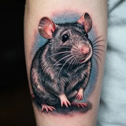 tattoo of george bush with a massive cute rat, black, blue gray, pink and white ink, detailed, hyperrealistic trending on artstation