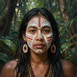 beautiful matte painting of a portrait of a plant teacher spirit uchu sanango in the jungle, tribal face paintings, ayahuasca, matte painting, realistic