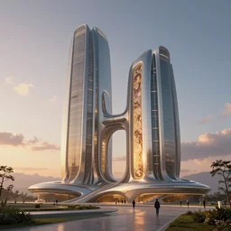 exterior shot of utopian architecture building with cinematic lighting by zaha hadid and renzo piano, darek zabrocki and greg ruthkowski, alphonse mucha, simon stalenhag, cinematic, paradise, scifi, futurism, atmospheric, sunset, concept art, artstation, trending on artstation
