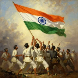 a cinematic dramatic scene of indian freedom fighters hoisting a colossal indian flag. oil on canvas, by ivan aivazovsky, by greg rutkowski, trending on artstation, featured on pixiv, masterpiece, cinematic composition, brilliant lighting, highly detailed, hd, 8 k
