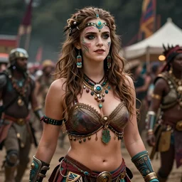 hyper realistic photography portrait of emma watson postapocalyptic madmax cyberpunk cyborg tribal festival curvy voluptuous curvaceous partygirl psychedelic mystic enigmatic witch magician amazon face cinematic, vallejo, full shot, craig mullins greg rutkowski, artstation, cgsociety