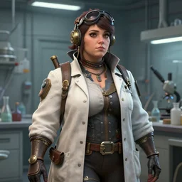 A beautiful, slightly chubby female dieselpunk scientist in a lab coat, stubble, visualartzi, dieselpunk, anime, concept art by Karla Ortiz, James Paick, Charlie Bowater, Krenz Cushart, highly detailed, ultra detailed, ultra realistic, trending on artstation, cgstudio