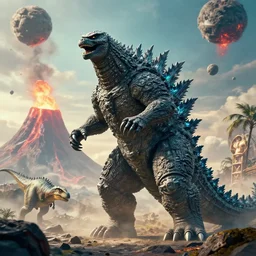 godzilla try to stop meteors for saving dinosaur at mesozoic era theme, high detailed, ultra realistic, cinematic, volcanic background