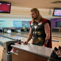 film still of Thor working at the shoe counter in a bowling alley in the new Avengers movie, 4k